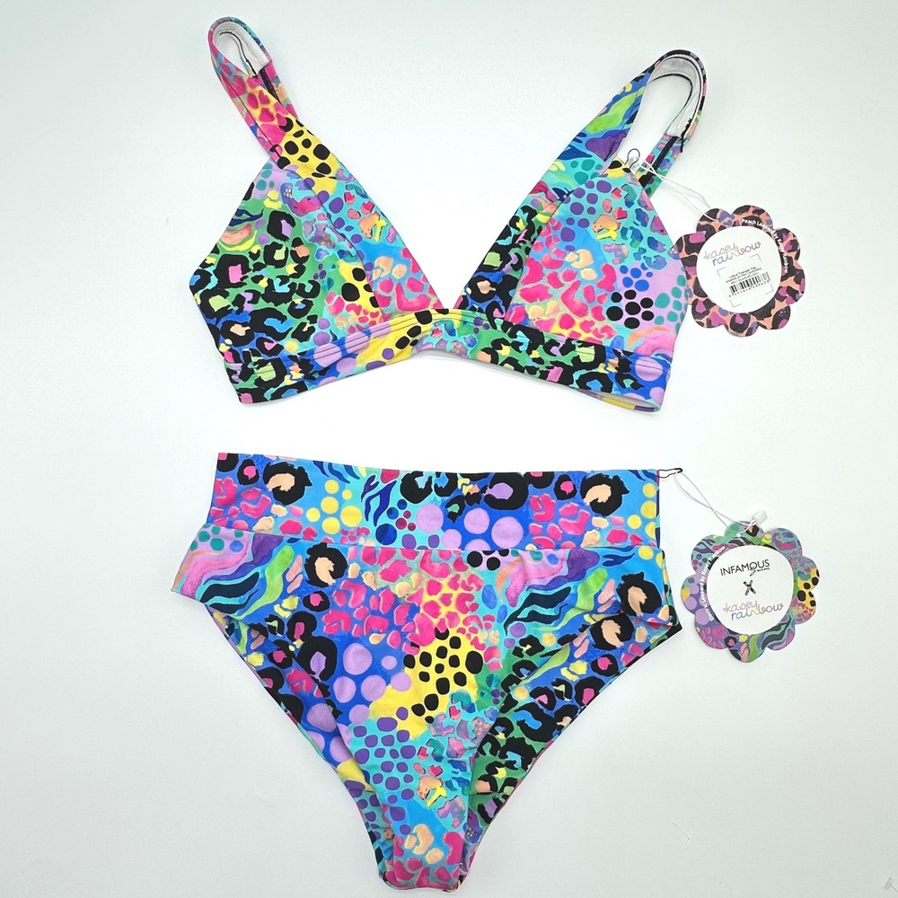 Infamous Swim x Kasey Rainbow Electric Leopard Bikini Lola Top Ginger Bottom L
